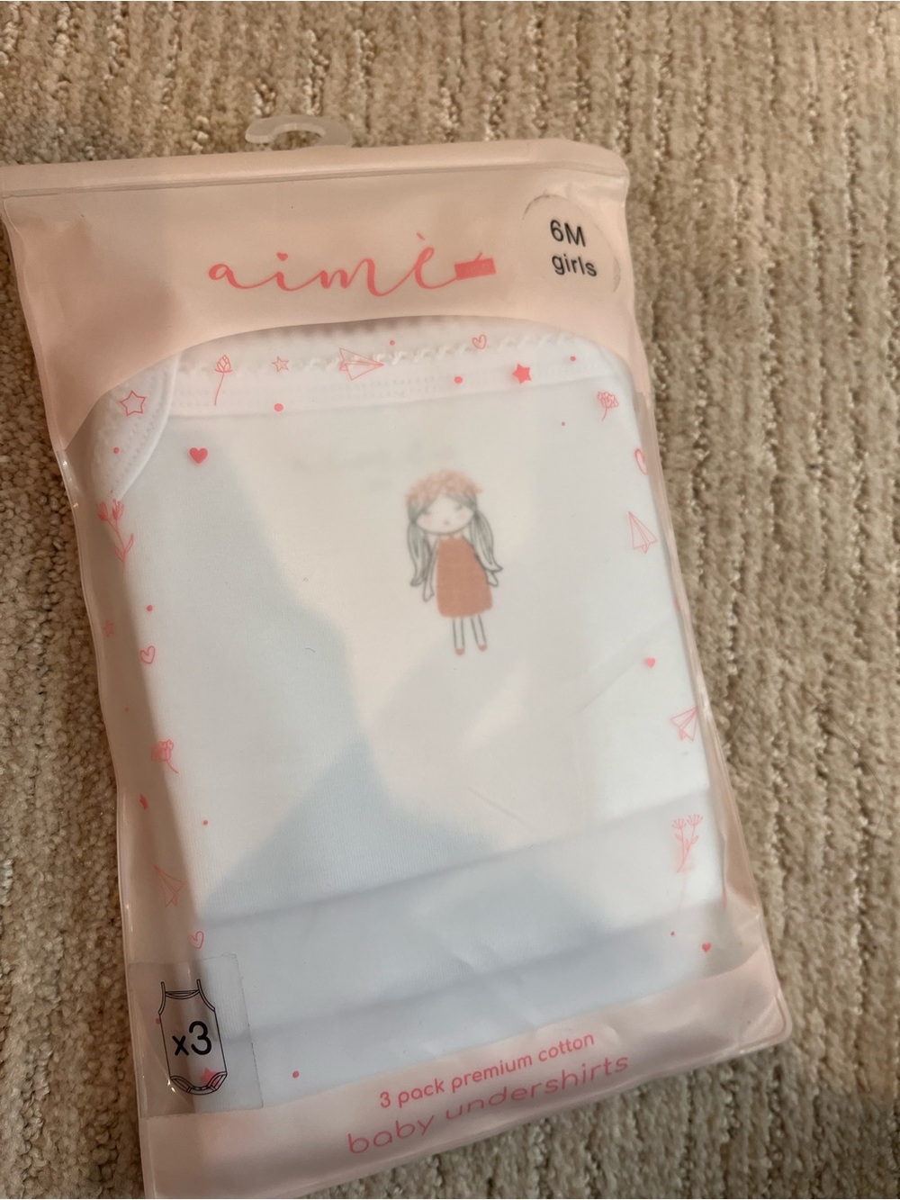 Aimi Girls' White & Pink Baby Undershirts - 3 Pack (6M)